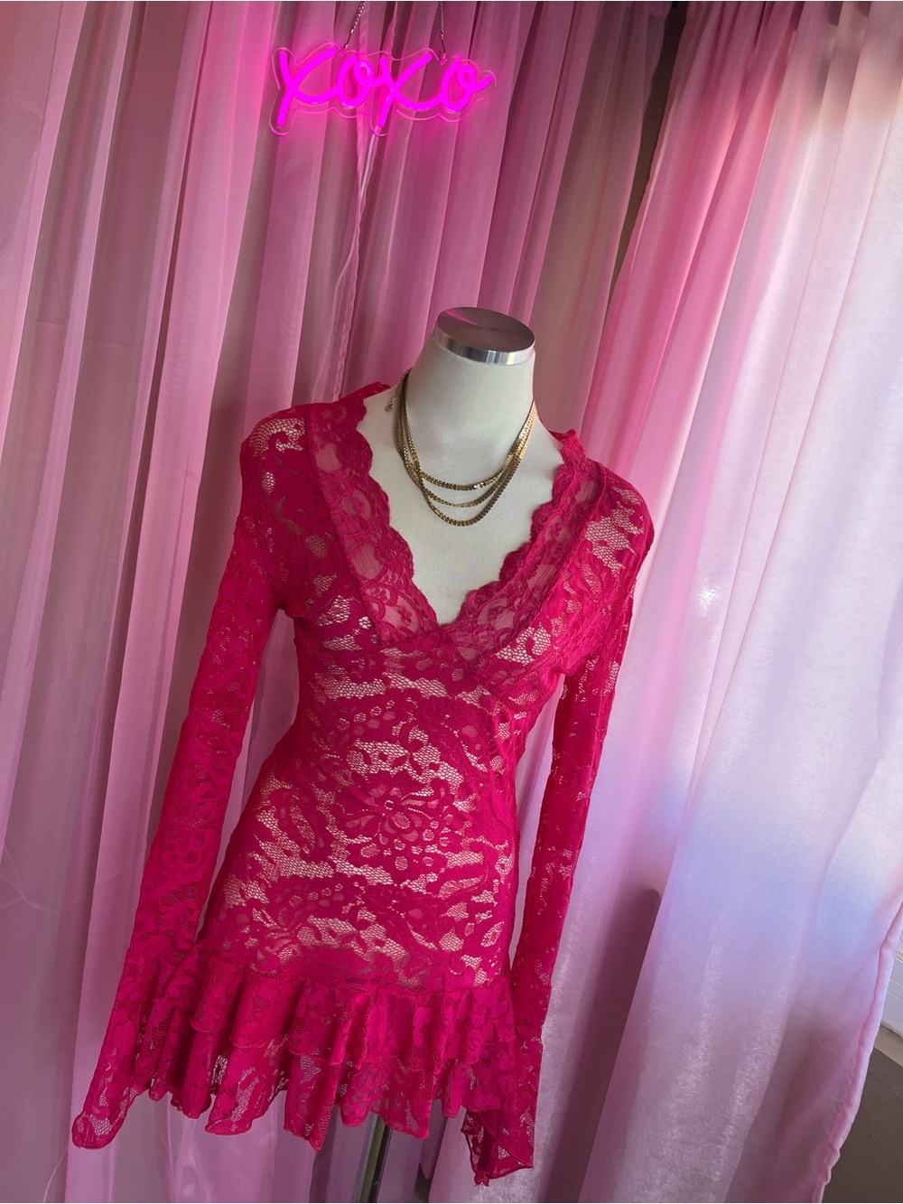 SHEIN Hot Pink Lace V-Neck Long Sleeve Mini Dress